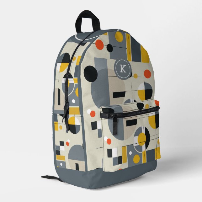Colourful bauhaus geometric pattern monogram printed backpack (Back Corner Left)