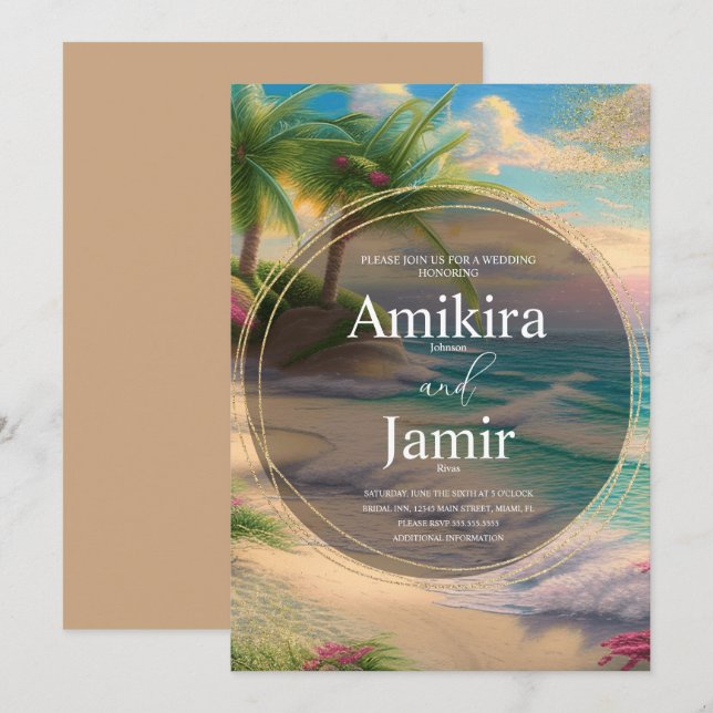 Colourful Beach Background Glitter Gold Wedding Invitation (Front/Back)