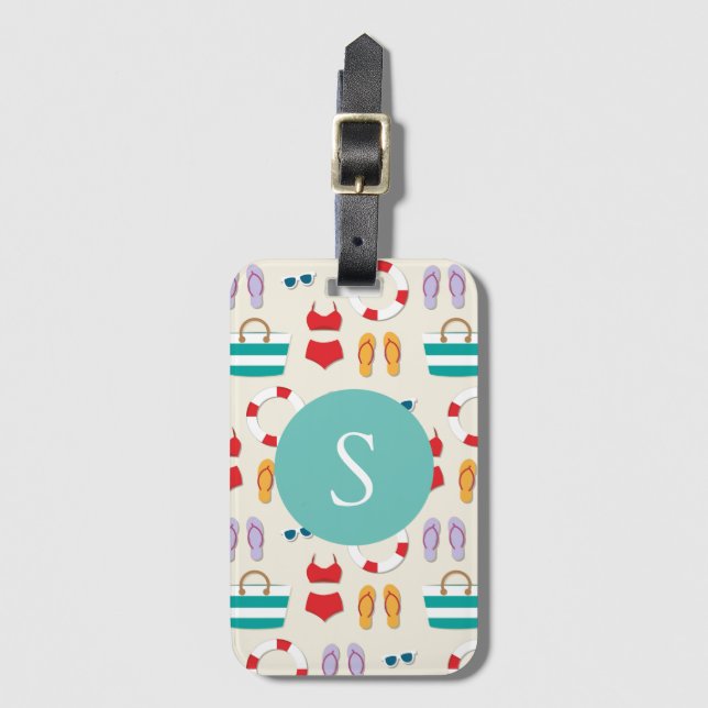 Colourful Beach Holiday Pattern Monogram Luggage Tag (Front Vertical)