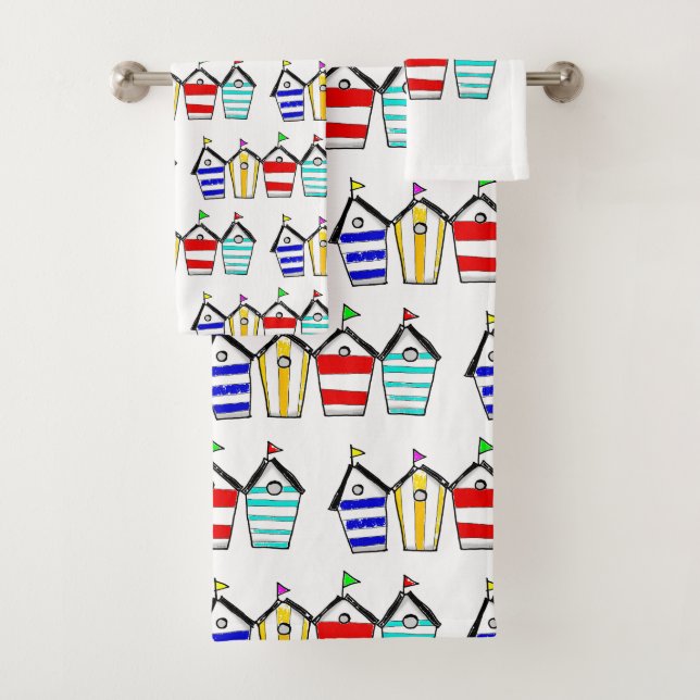 Colourful Beach Hut Illustration Bath Towel Set (Insitu)