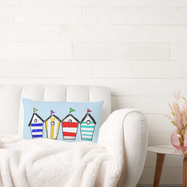 Colourful Beach Hut Illustration Lumbar Cushion (Couch)