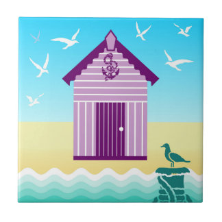 Colourful Beach Hut with Anchor & Rope Motif Ceramic Tile