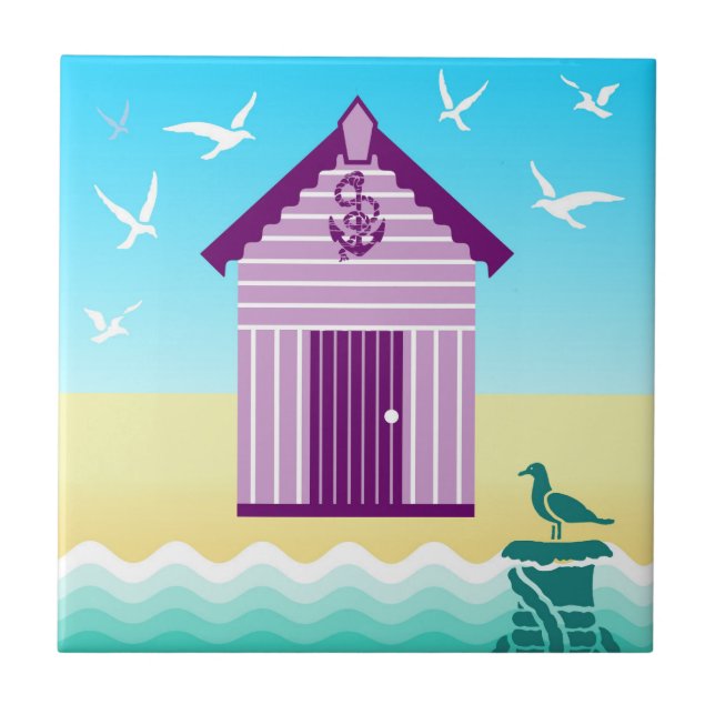 Colourful Beach Hut with Anchor & Rope Motif Ceramic Tile (Front)