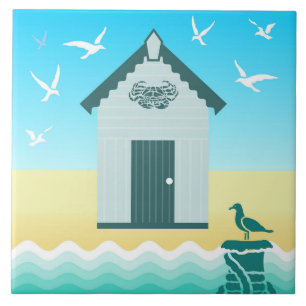 Colourful Beach Hut with Crab Motif Ceramic Tile