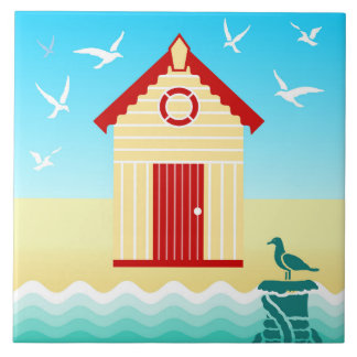 Colourful Beach Hut with Life Ring Buoy Motif Ceramic Tile