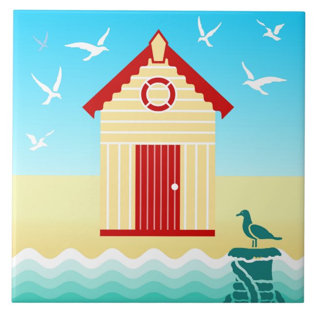 Colourful Beach Hut with Life Ring Buoy Motif Ceramic Tile (Front)