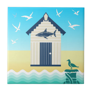 Colourful Beach Hut with Shark Motif Ceramic Tile