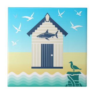 Colourful Beach Hut with Shark Motif Ceramic Tile
