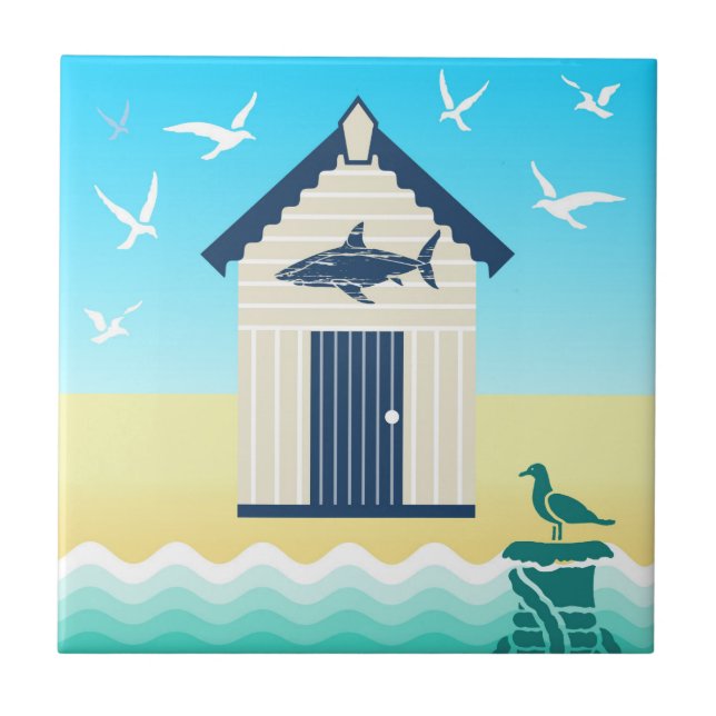 Colourful Beach Hut with Shark Motif Ceramic Tile (Front)