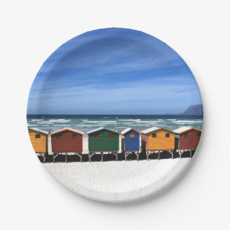 Colourful Beach Huts by the Sea Paper Plate