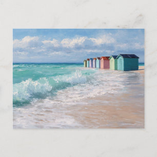 Colourful Beach Huts Coastal Art Postcard 