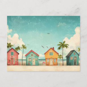Colourful Beach Huts Coastal Art Postcard 