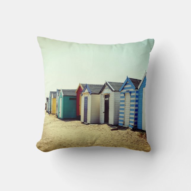 Colourful Beach Huts In The Sun Cushion (Front)
