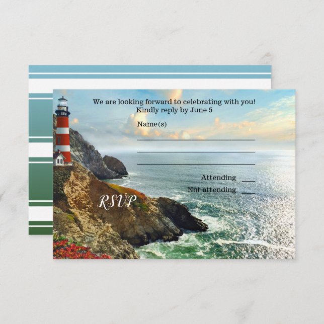 Colourful Beach Lighthouse Wedding RSVP Card (Front/Back)