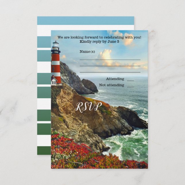 Colourful Beach Lighthouse Wedding RSVP Card (Front/Back)