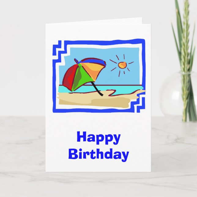 Colourful Beach Scene of Ocean, Sun & Umbrella Card (Front)