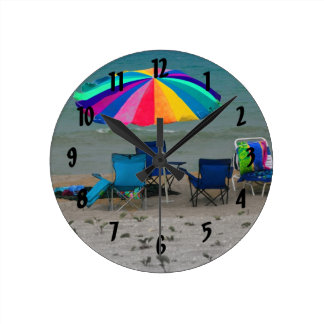 colourful beach umbrella chairs Florida scene Round Clock
