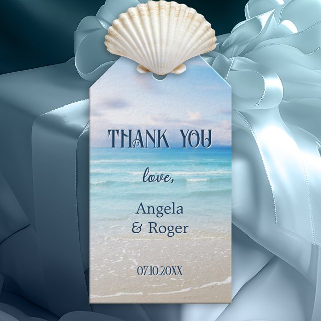 Colourful Beach Wedding Favour Thank You Gift Tag (Elegant design wedding Thank You gift tag featuring a colorful blue turquoise beach)