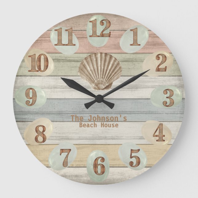 Colourful Beach Wood Nautical Stripes & Seashell   Large Clock (Front)