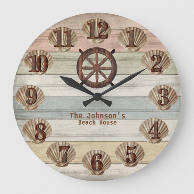 Colourful Beach Wood & Nautical Stripes & Seashell Large Clock (Front)