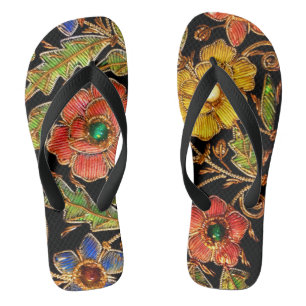 Colourful Beaded Flowers on Velvet Thongs