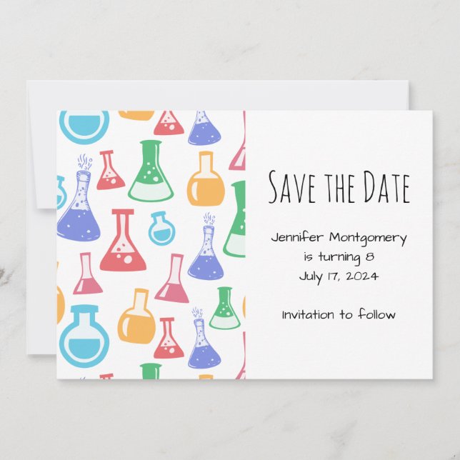 Colourful Beakers and Flasks Science Pattern Save The Date (Front)