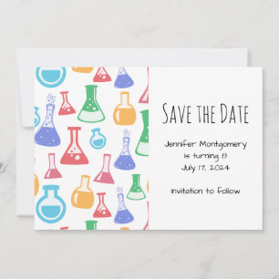 Colourful Beakers and Flasks Science Pattern Save The Date