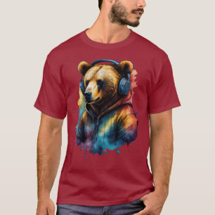 Colourful Bear in Hoodie Wearing Headphones T-Shirt