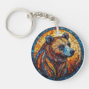 Colourful Bear Portrait in a Stained Glass Art Key Ring