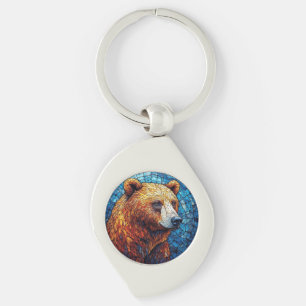 Colourful Bear Portrait in a Stained Glass Art Key Ring