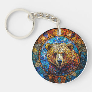 Colourful Bear Portrait in a Stained Glass Art Key Ring