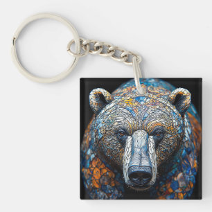 Colourful Bear Portrait in a Stained Glass Art Key Ring