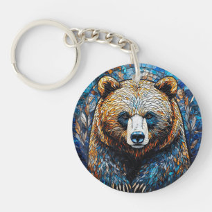 Colourful Bear Portrait in a Stained Glass Art Key Ring
