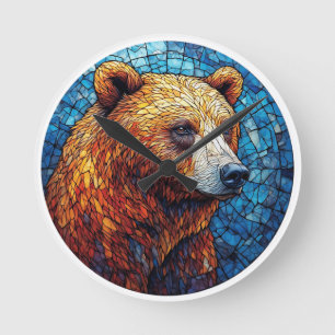 Colourful Bear Portrait in a Stained Glass Art Round Clock