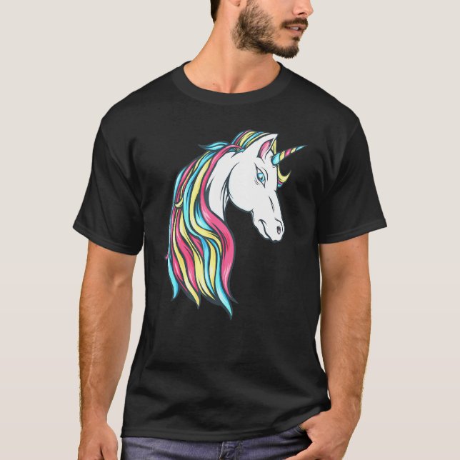 Colourful Beautiful Rainbow Unicorn Head Flowing M T-Shirt (Front)