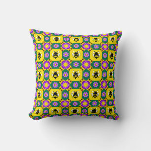 Colourful Bee and Flower Pattern Cushion