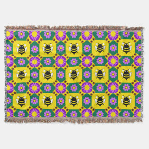 Colourful Bee and Flower Pattern Throw Blanket