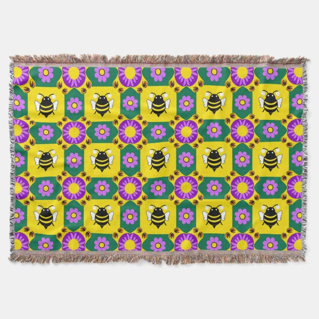Colourful Bee and Flower Pattern Throw Blanket (Front)