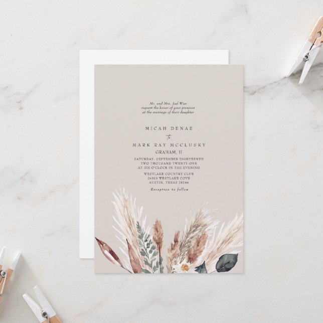 Colourful Beige Pampas Wedding Invitation (Front/Back In Situ)