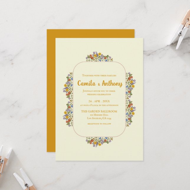 Colourful Beige Wildflower Border Wedding Invitation (Front/Back In Situ)