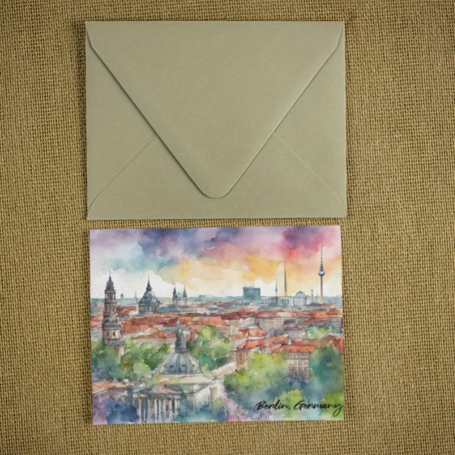 Colourful Berlin Germany Skyline Watercolor Postcard (berlin germany city watercolor postcard)