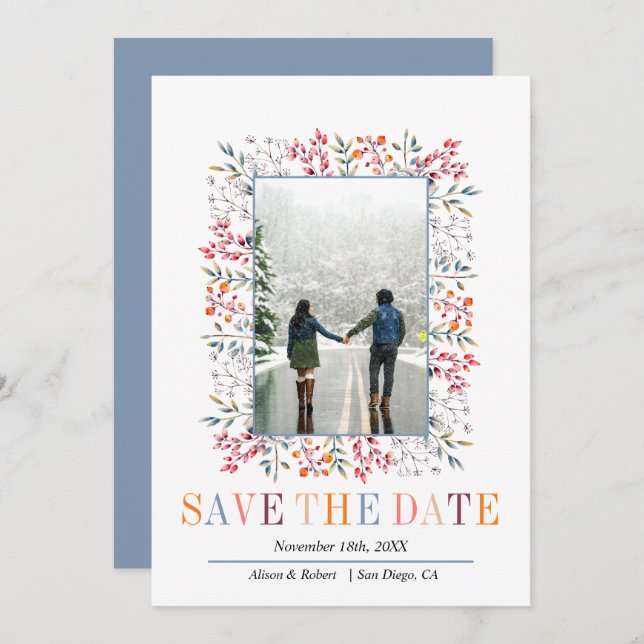 Colourful berries and leaves border winter wedding save the date (Front/Back)