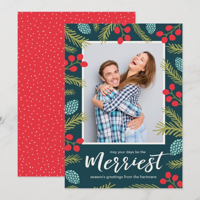 Colourful Berries and Pine Modern Christmas Photo Holiday Card (Front/Back)