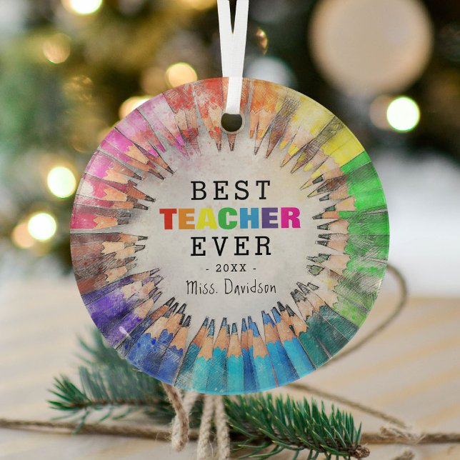 Colourful Best Teacher Ever Appreciation Christmas Glass Tree Decoration (Creator Uploaded)