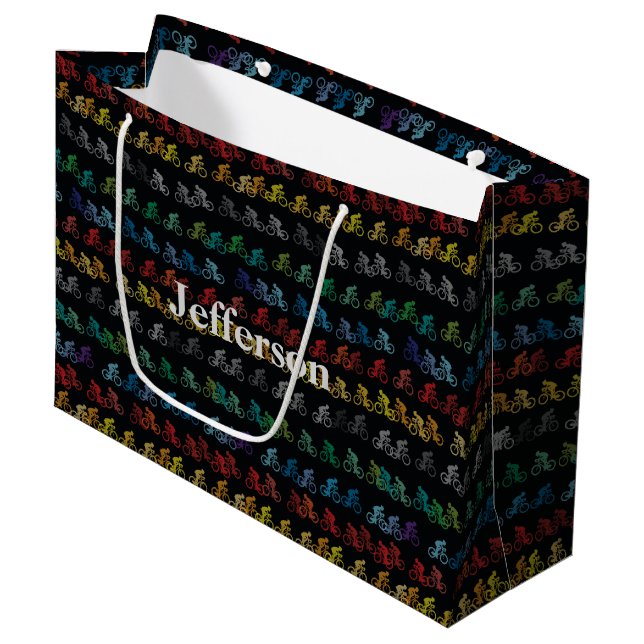 Colourful Bicycle Pattern on Black Large Gift Bag (Front Angled)