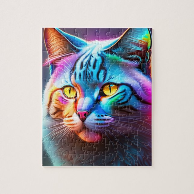 Colourful Big Cat With Rainbow Colours Neon Lights Jigsaw Puzzle (Vertical)