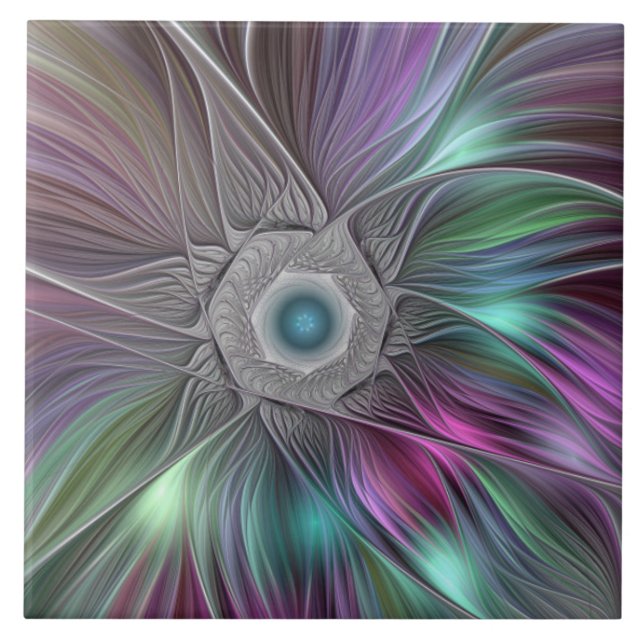 Colourful Big Flower Abstract Trippy Fractal Art Ceramic Tile (Front)