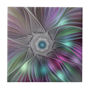 Colourful Big Flower Abstract Trippy Fractal Art Ceramic Tile