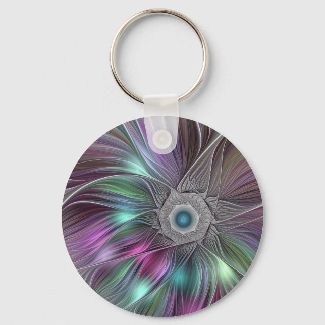 Colourful Big Flower Abstract Trippy Fractal Art Key Ring (Front)