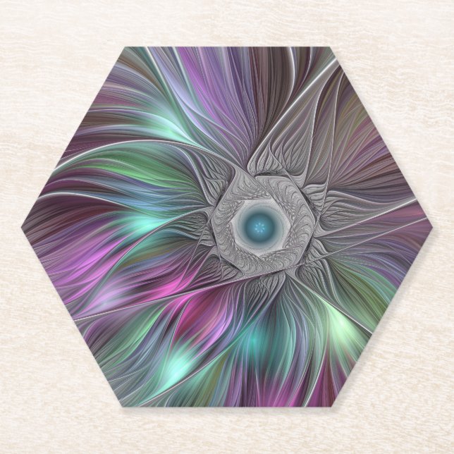 Colourful Big Flower Abstract Trippy Fractal Art Paper Coaster (Front)